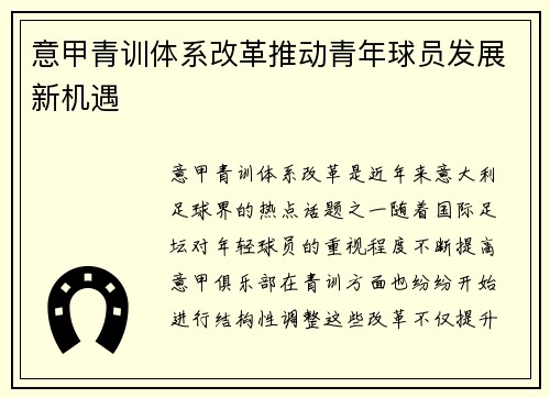 意甲青训体系改革推动青年球员发展新机遇